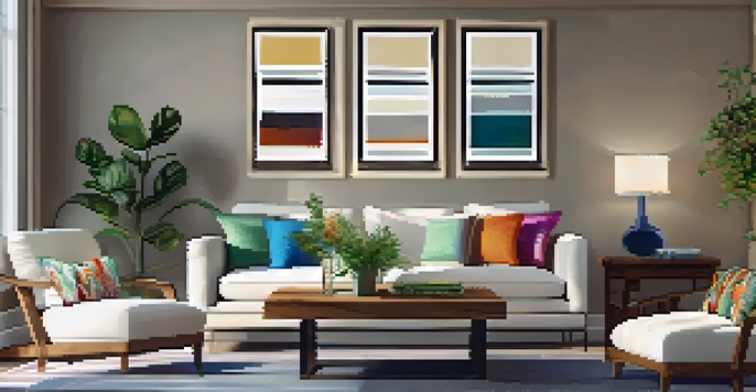 A cozy living room filled with natural light, featuring a comfortable sofa, decorative cushions, and a wooden coffee table with a plant.