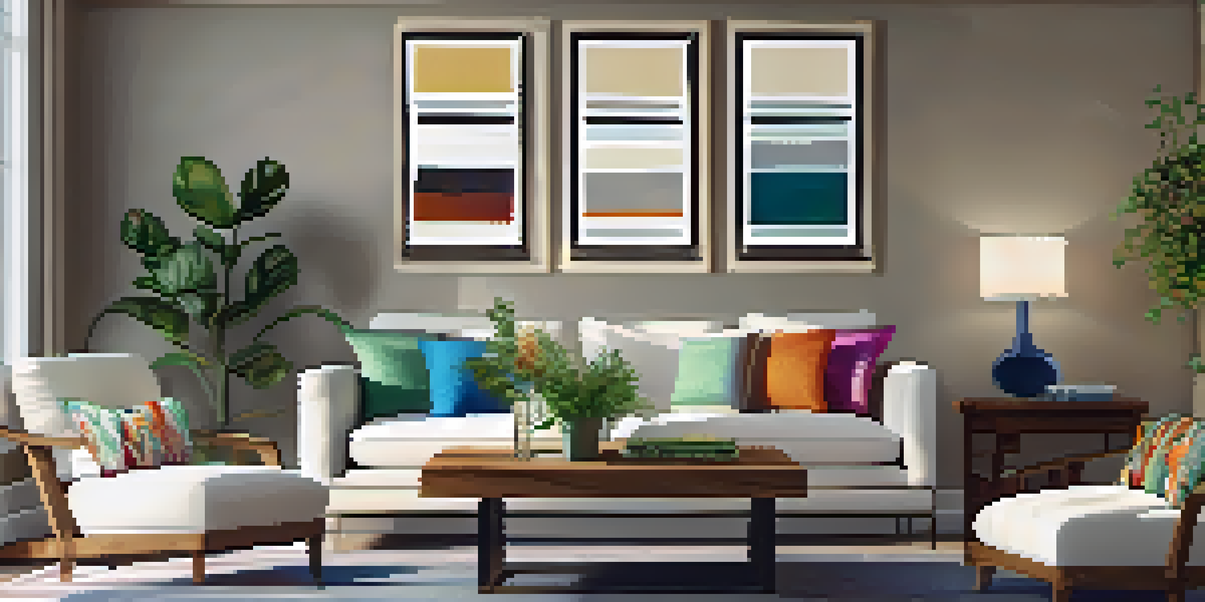 A cozy living room filled with natural light, featuring a comfortable sofa, decorative cushions, and a wooden coffee table with a plant.