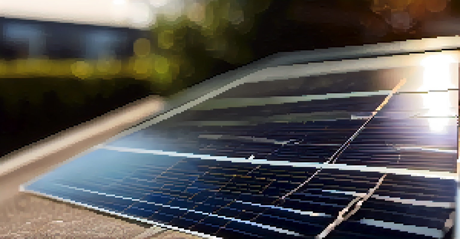 A close-up of a solar panel reflecting sunlight, highlighting its texture and design.