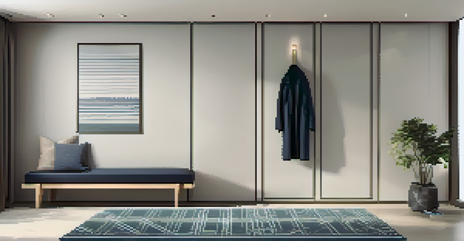 A modern entryway with a geometric rug, coat rack, and bench, illuminated by bright lighting.