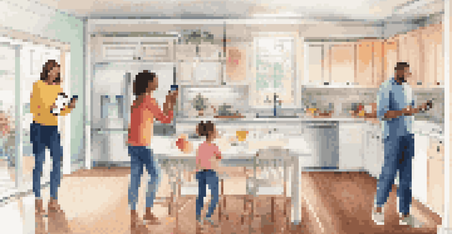 A family in a bright kitchen, with a parent holding a smartphone showing a motion alert from a home security app.