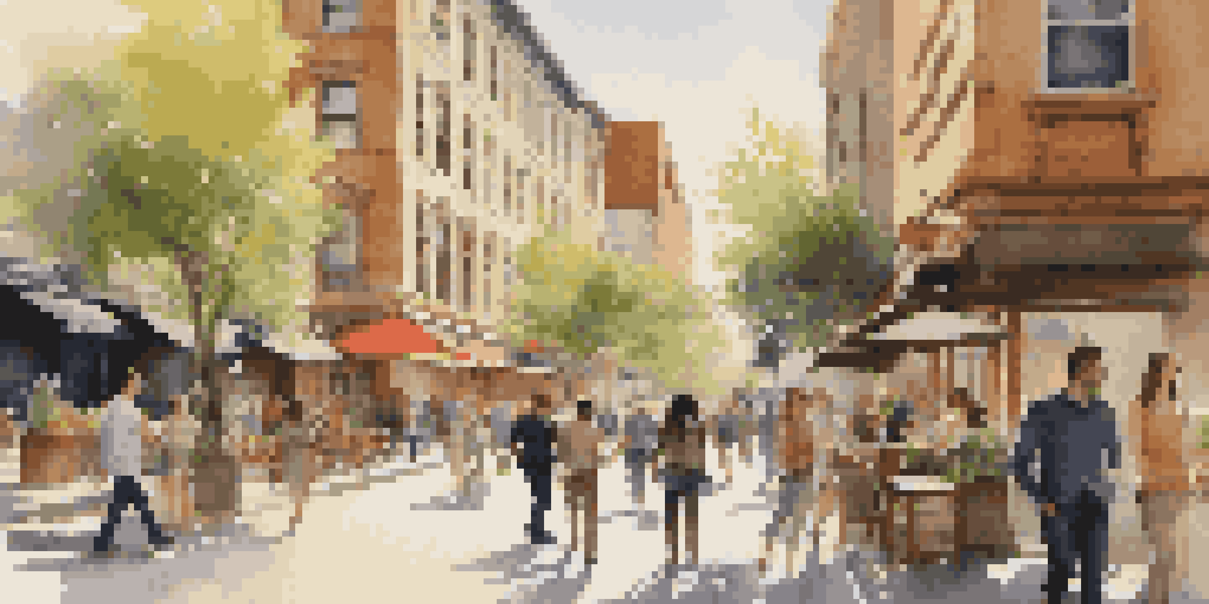 A busy city street with young professionals walking and socializing in a lively atmosphere, surrounded by modern buildings and greenery.