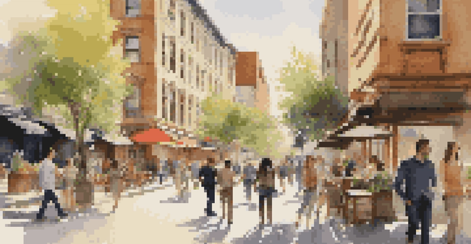 A busy city street with young professionals walking and socializing in a lively atmosphere, surrounded by modern buildings and greenery.