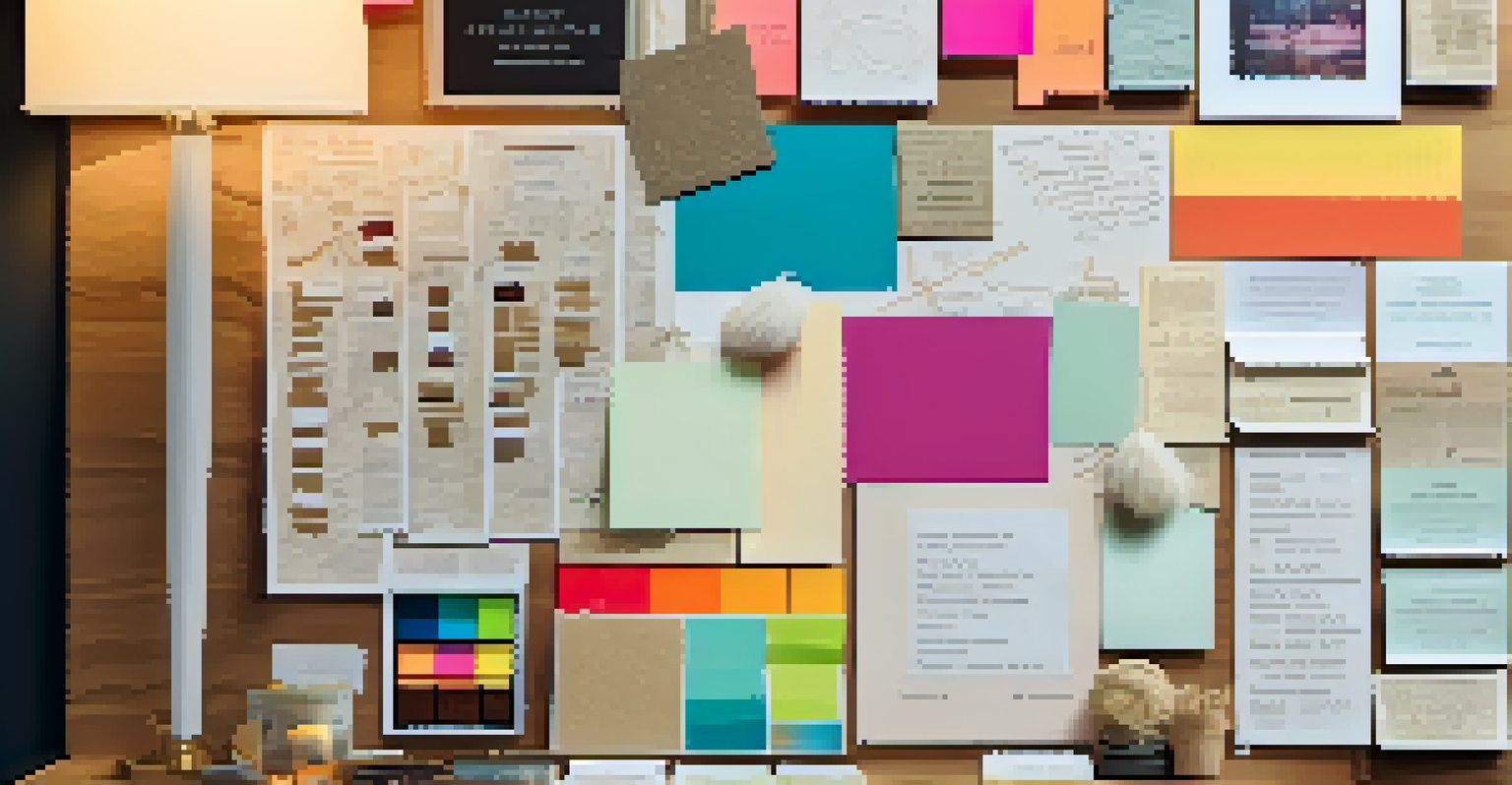 A close-up of a vision board showcasing various texture samples and colorful sticky notes, all under warm ambient lighting.