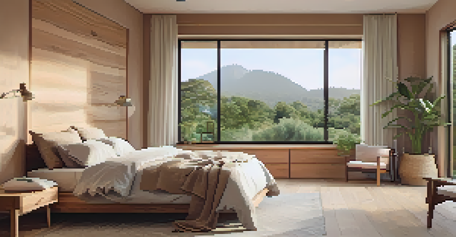 A serene bedroom with a wooden bed and clay accent wall, illuminated by natural light.