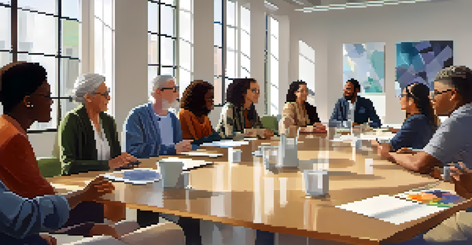 A diverse group of individuals in a modern meeting space, discussing accessibility needs, with sunlight streaming through large windows.