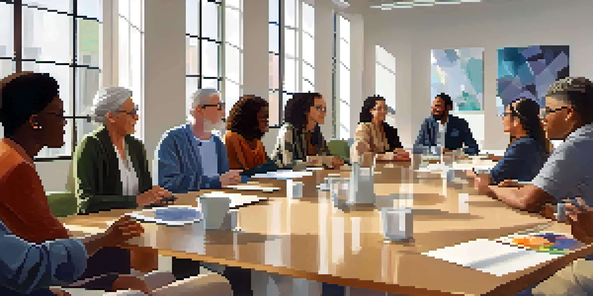 A diverse group of individuals in a modern meeting space, discussing accessibility needs, with sunlight streaming through large windows.