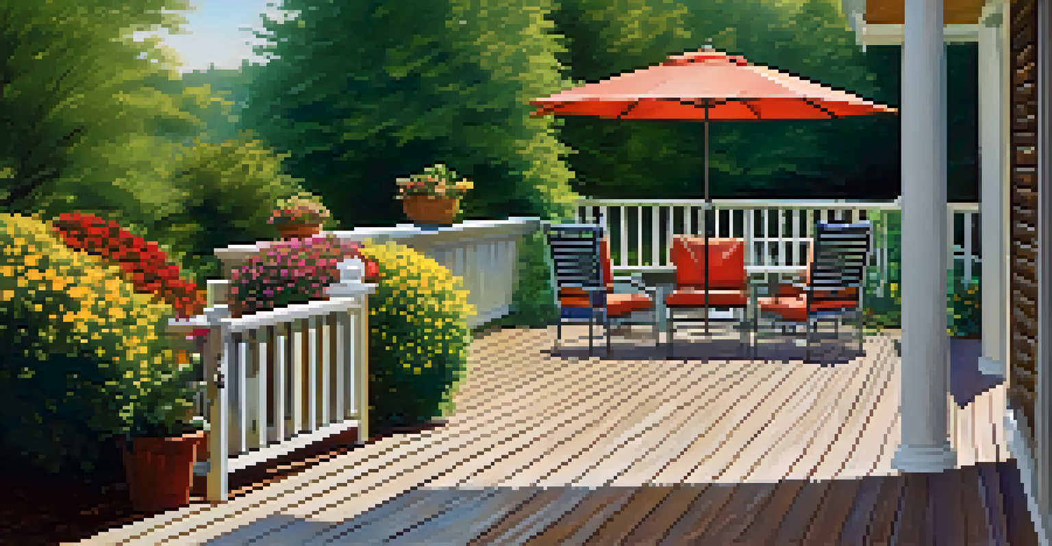 A homeowner inspecting a well-maintained outdoor patio with vibrant flowers and trimmed shrubs on a sunny day.