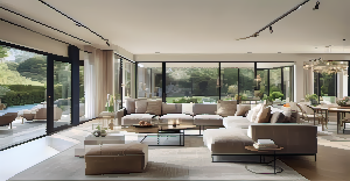 A bright and airy open concept living space with a modern design, featuring a comfortable sofa and large windows.