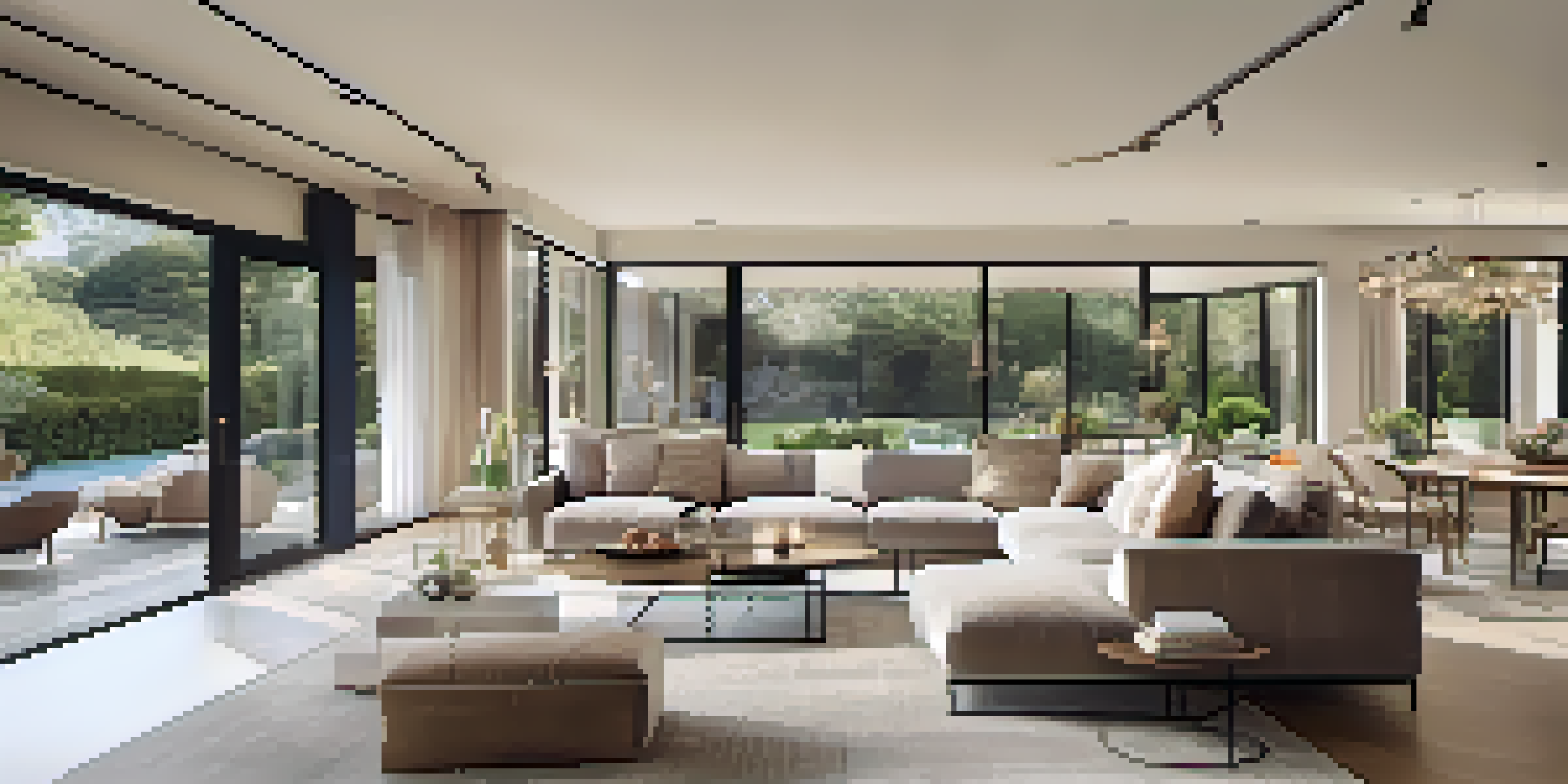 A bright and airy open concept living space with a modern design, featuring a comfortable sofa and large windows.