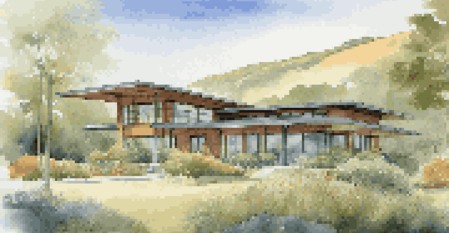 An eco-friendly building with overhangs and large windows, surrounded by native plants and a rainwater system in a scenic landscape.