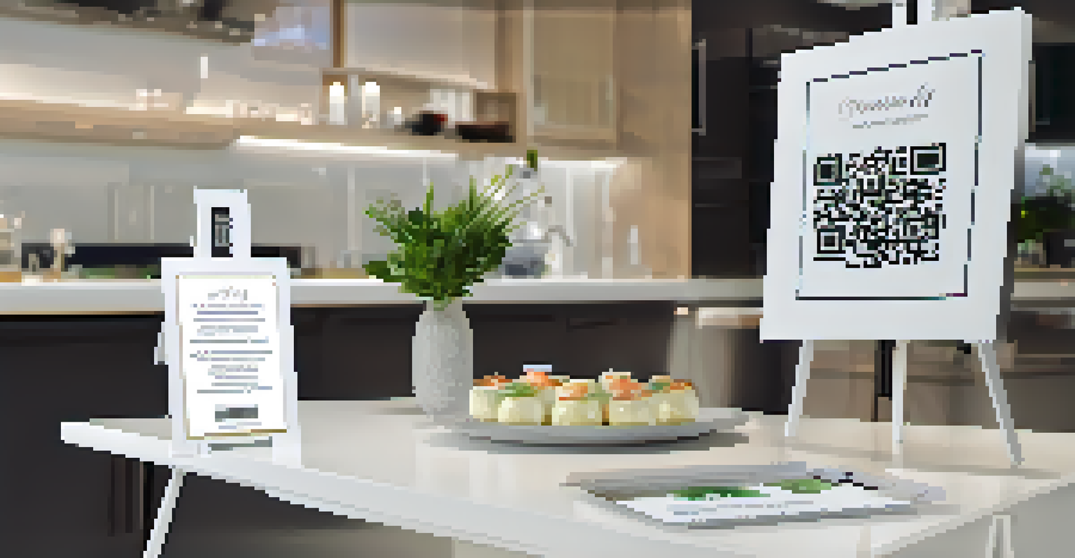 An open house display with clear signage and QR codes in a modern kitchen setting.