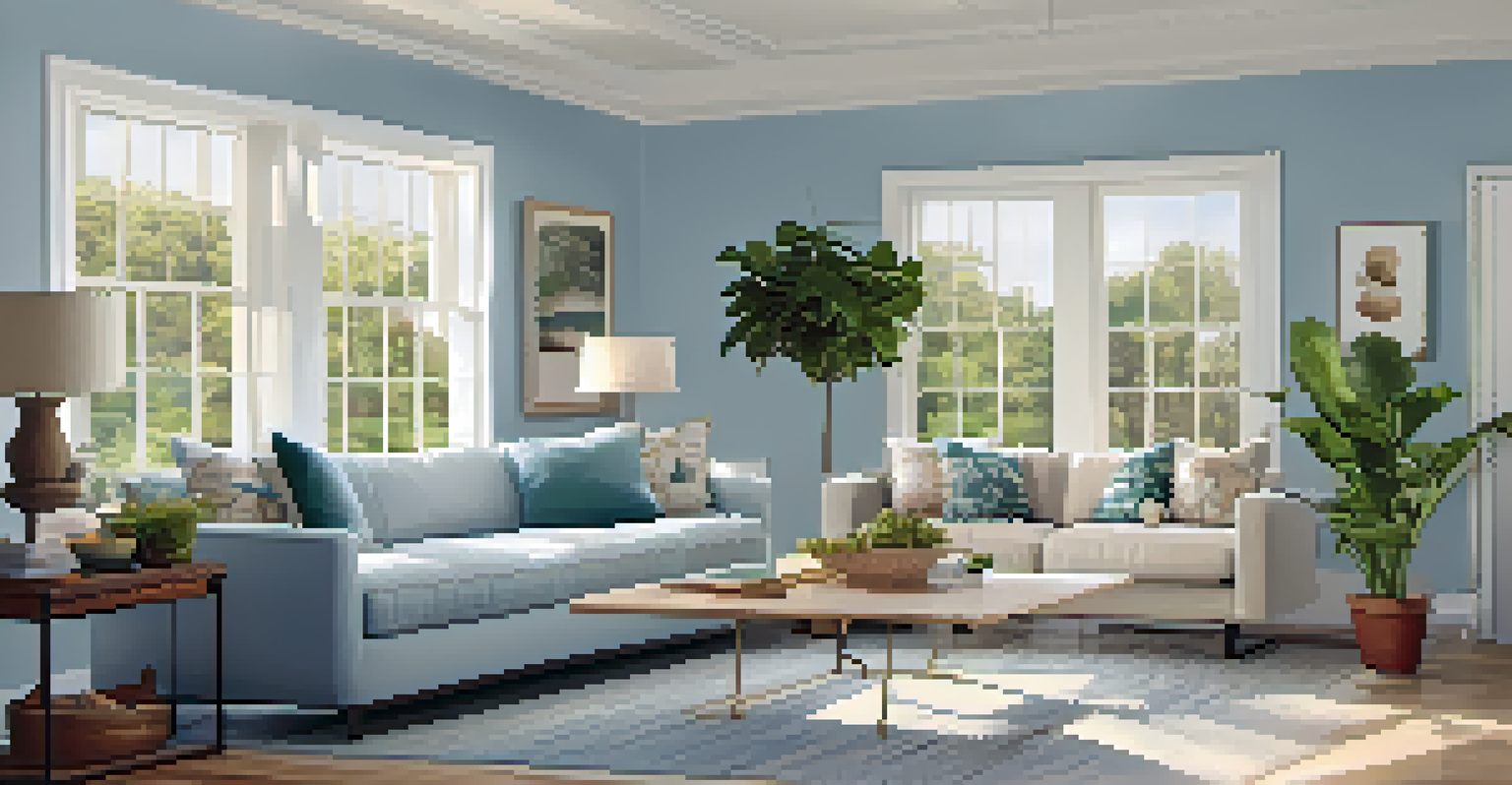 A cozy living room with pale blue walls, a comfortable sofa, a stylish coffee table, and natural light streaming through a large window, accented with potted plants.