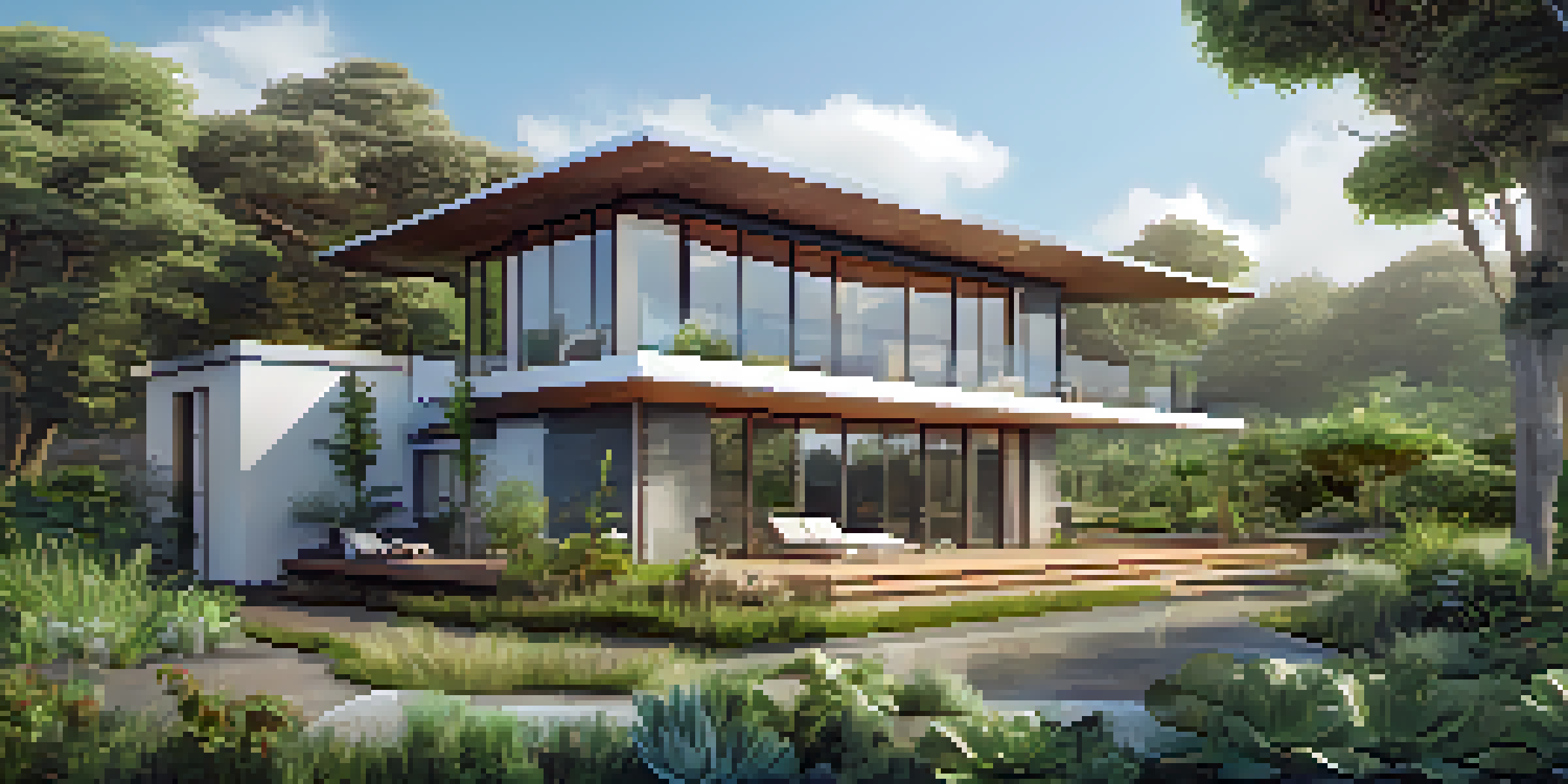 A modern eco-friendly house with solar panels and a garden, surrounded by trees and a clear blue sky.