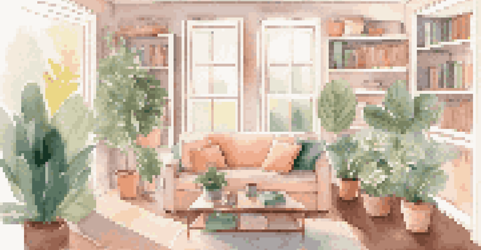 A cozy living room with a sofa, coffee table, and warm sunlight coming through the window, ideal for first-time homebuyers.