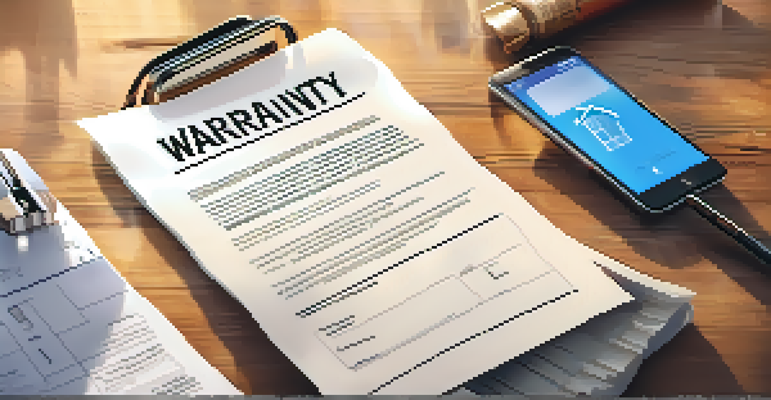 A home warranty document on a wooden table with a pen and a smartphone nearby.