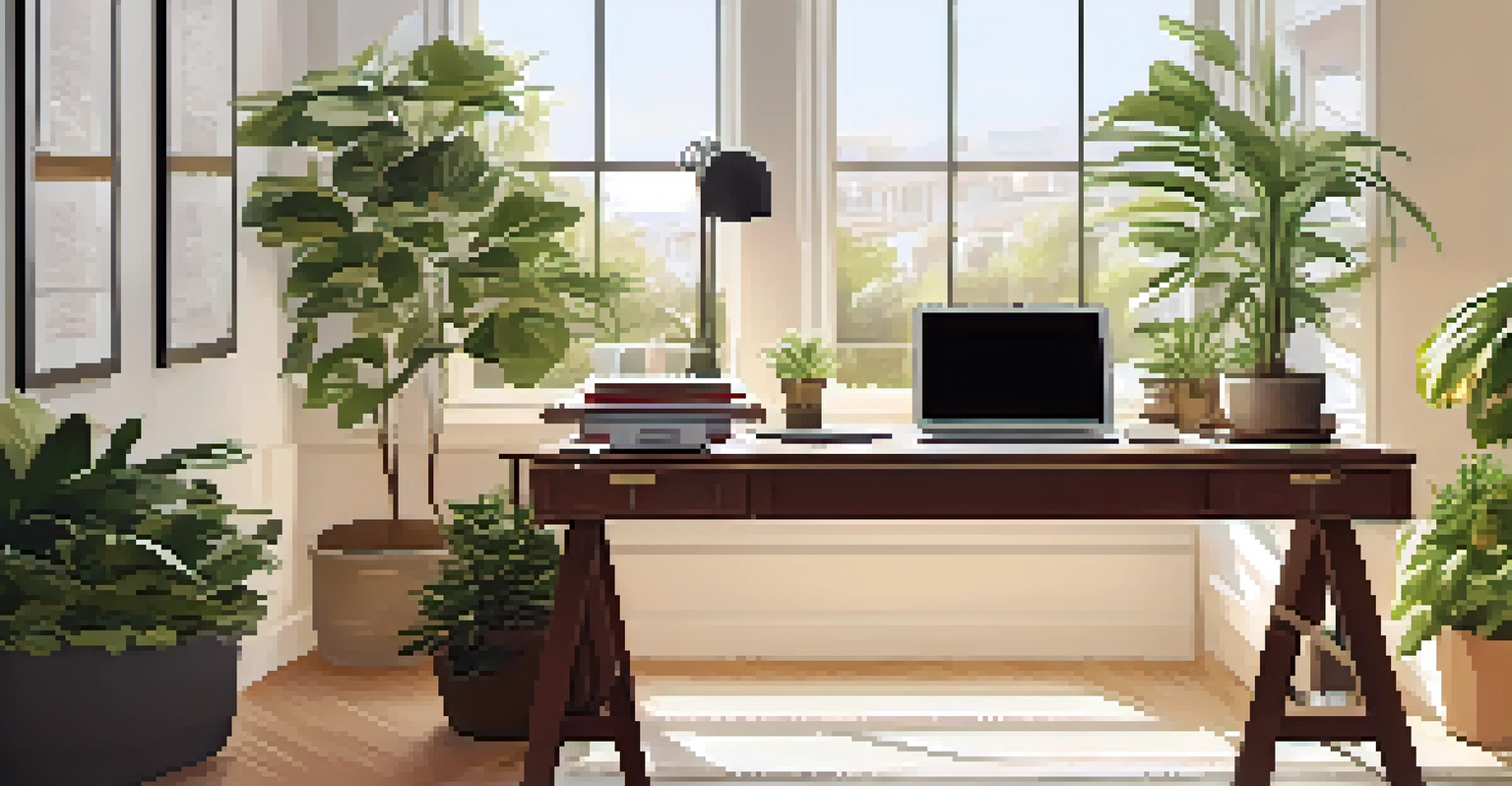 An organized home office with a desk, laptop, books, and a view of a garden through a large window.