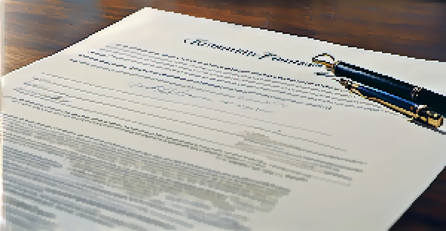 A real estate contract with a pen and decorative keys on a wooden table.