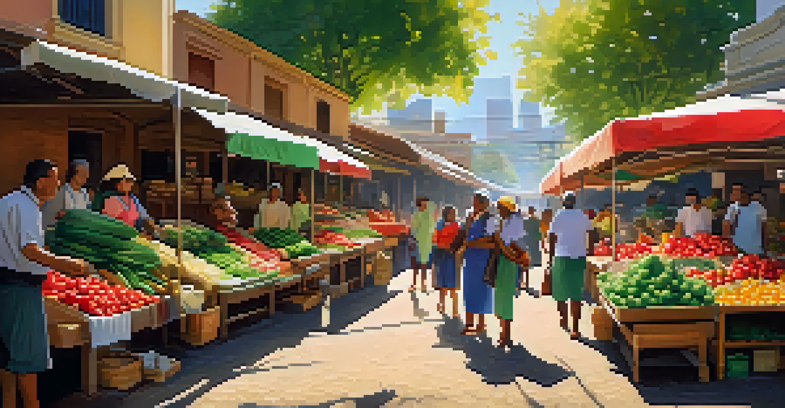 A lively community market showcasing local vendors and shoppers enjoying fresh produce.