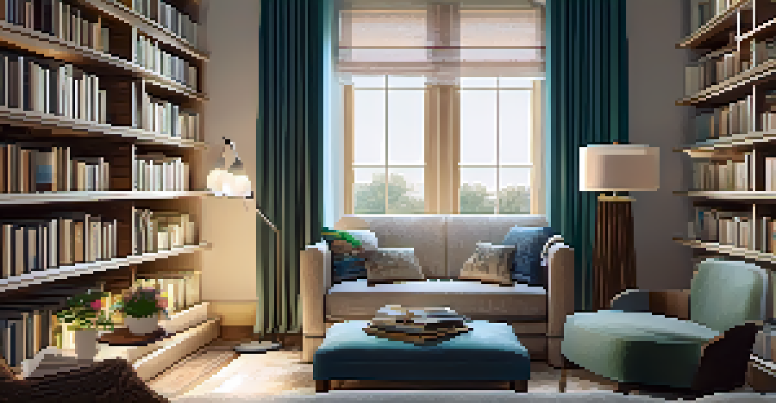 A serene reading nook with a cozy armchair, warm lighting, and shelves filled with books.