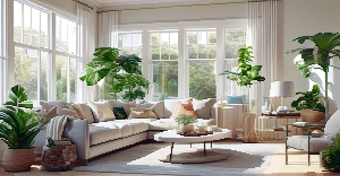 A spacious living area filled with natural light, featuring a cozy sectional sofa, indoor plants, and a colorful artwork.