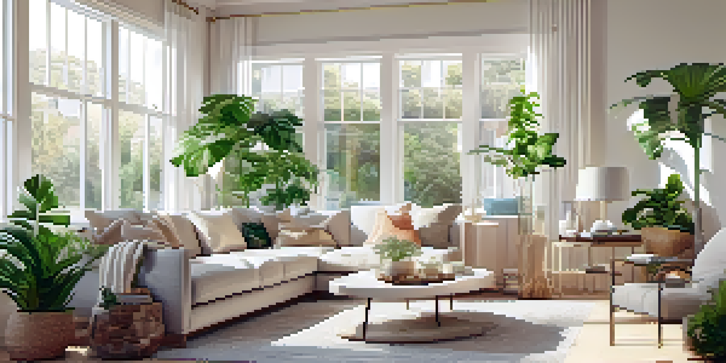 A spacious living area filled with natural light, featuring a cozy sectional sofa, indoor plants, and a colorful artwork.