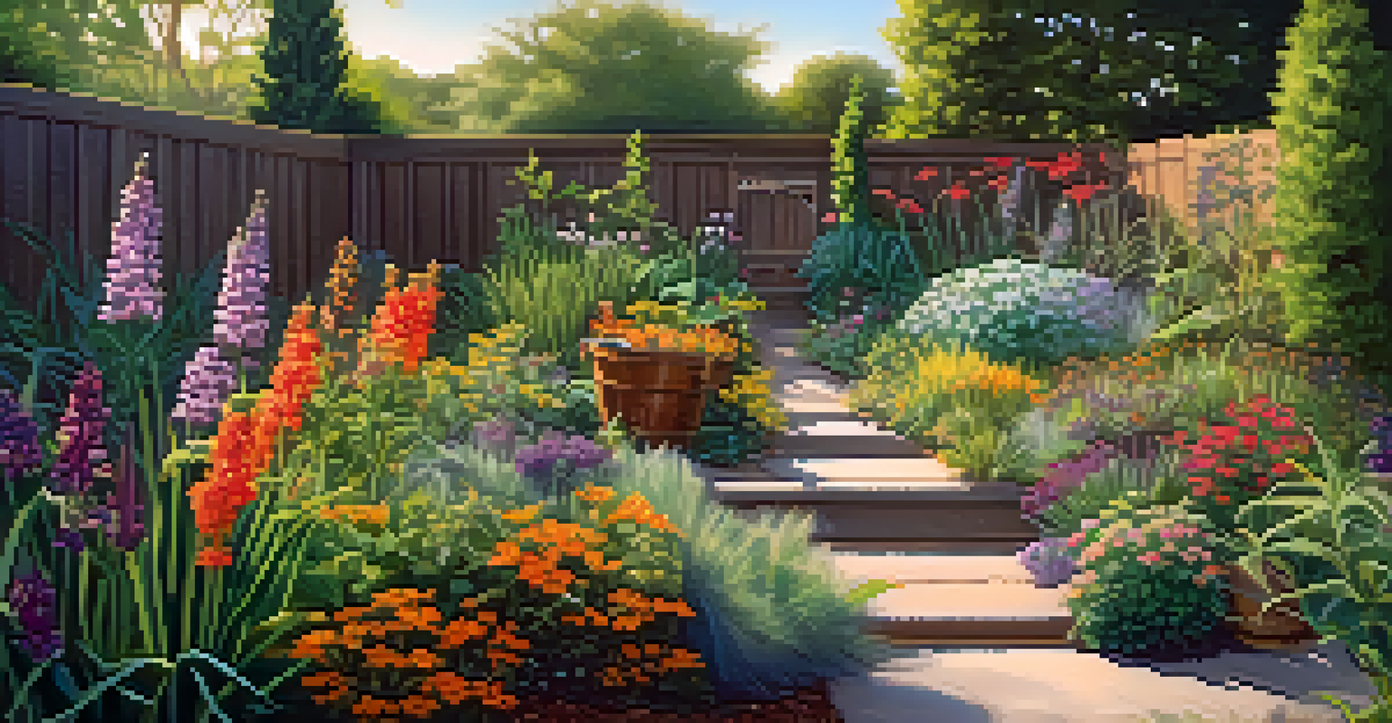 A colorful garden filled with native plants and flowers attracting butterflies and bees, with a compost bin in the corner.
