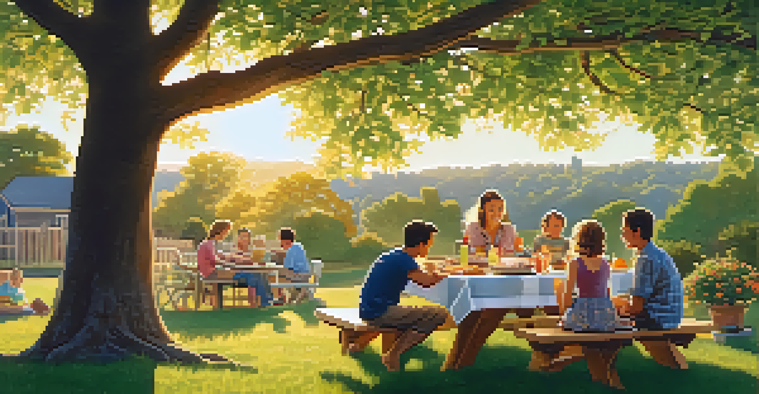 A family enjoying a picnic in a lush backyard under a tree during sunset.