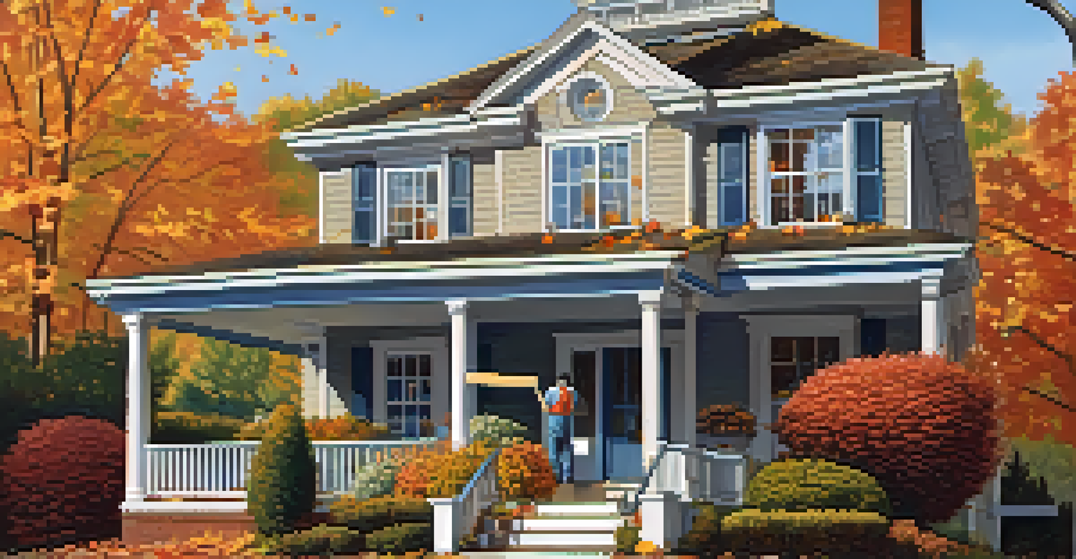 A person cleaning gutters during autumn, wearing gloves and using a ladder, surrounded by falling leaves and a well-maintained garden.