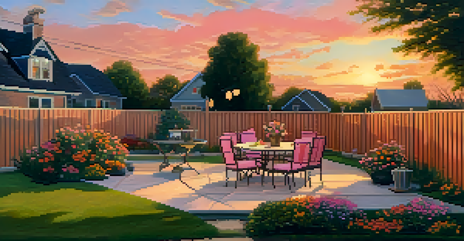 A picturesque backyard at sunset with a garden, barbecue grill, and a table set for dinner, illuminated by warm colors in the sky.