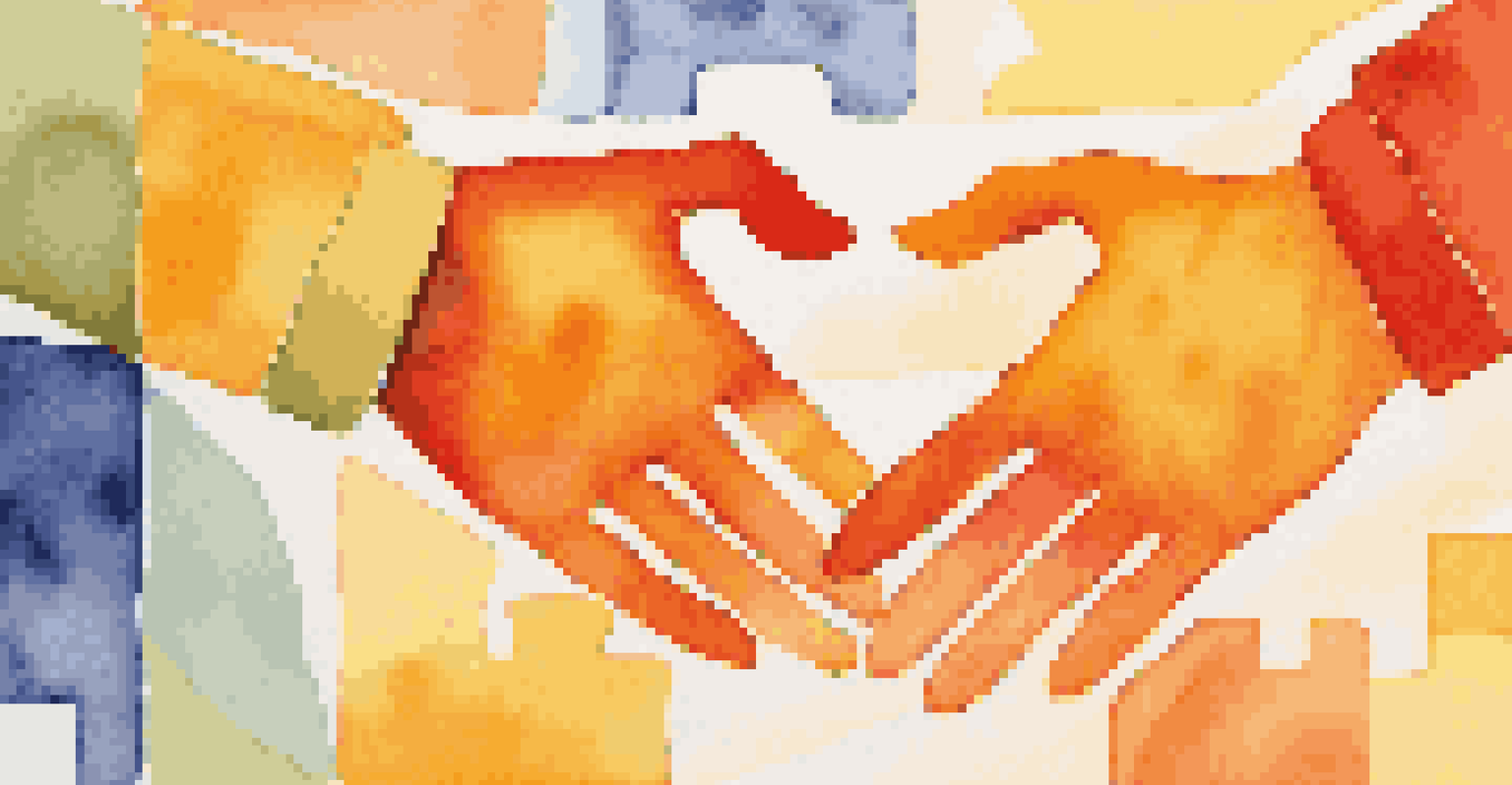 Two hands shaking above colorful puzzle pieces, representing collaboration and agreement in conflict resolution.