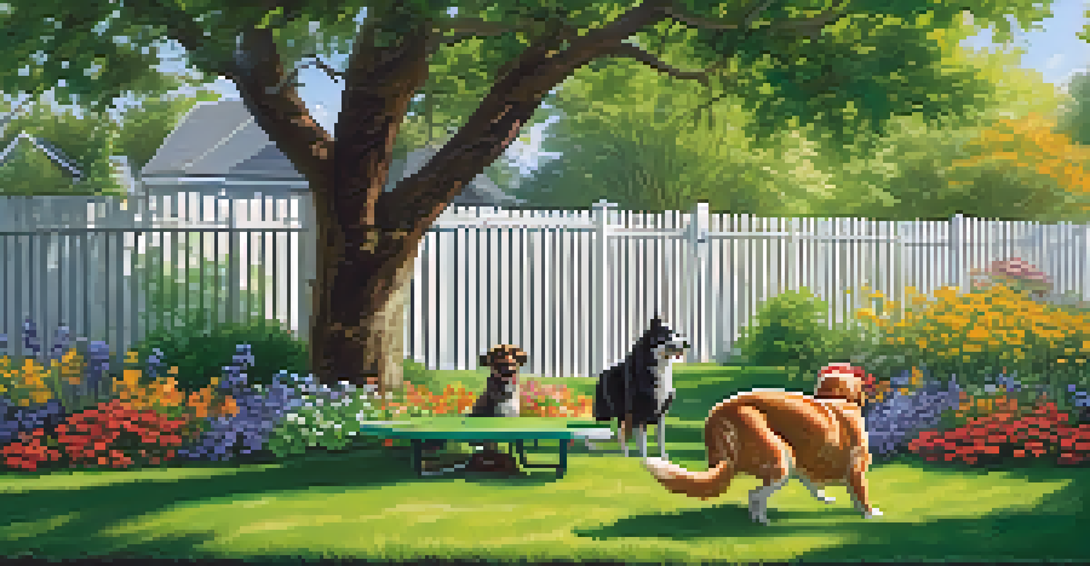 A safe and vibrant backyard with a dog playing and a cat relaxing under a tree, showcasing a pet-friendly outdoor environment.