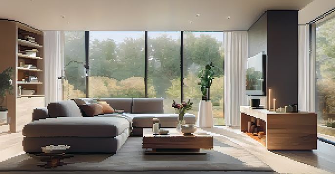 A contemporary living room showcasing various smart home devices, with natural light streaming through large windows.