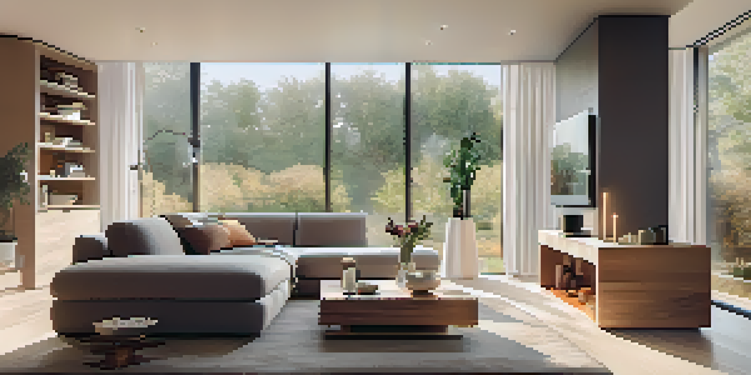 A contemporary living room showcasing various smart home devices, with natural light streaming through large windows.