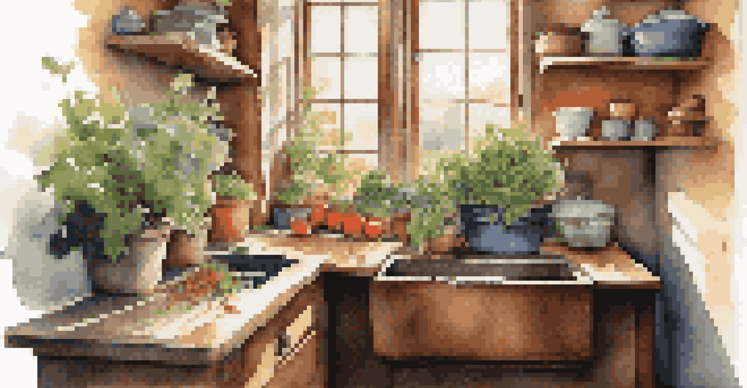A kitchen corner with a rustic compost bin filled with food scraps and herbs, illuminated by natural light from a window.