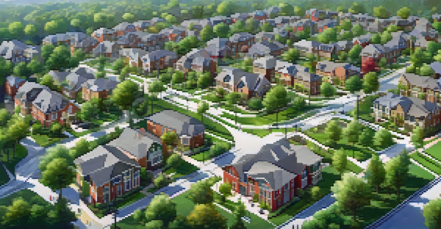 Aerial view of a lively community featuring homes and green spaces.