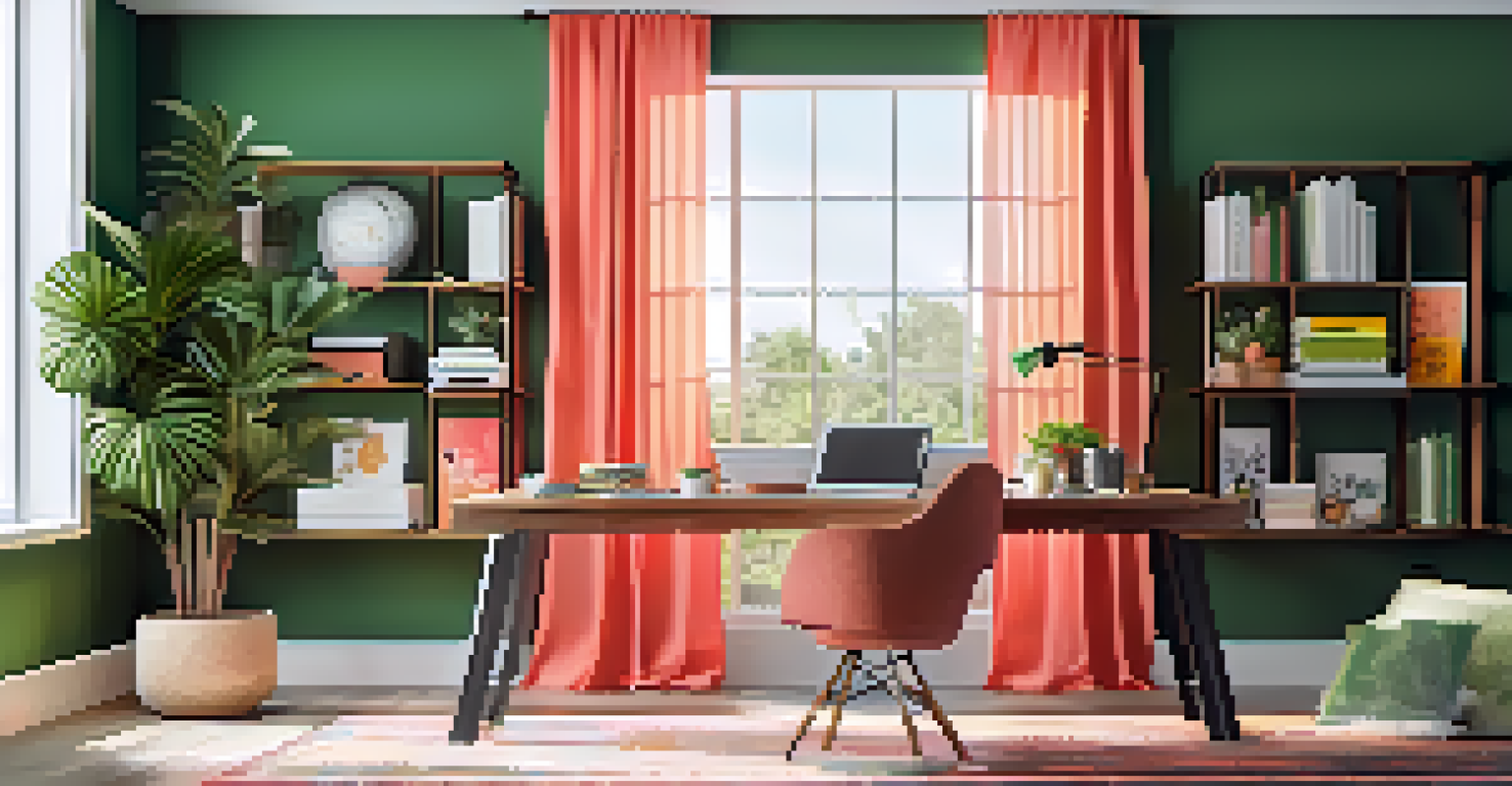 A stylish home office with a green wall, a coral accent wall, a wooden desk, and colorful stationery, illuminated by natural light.