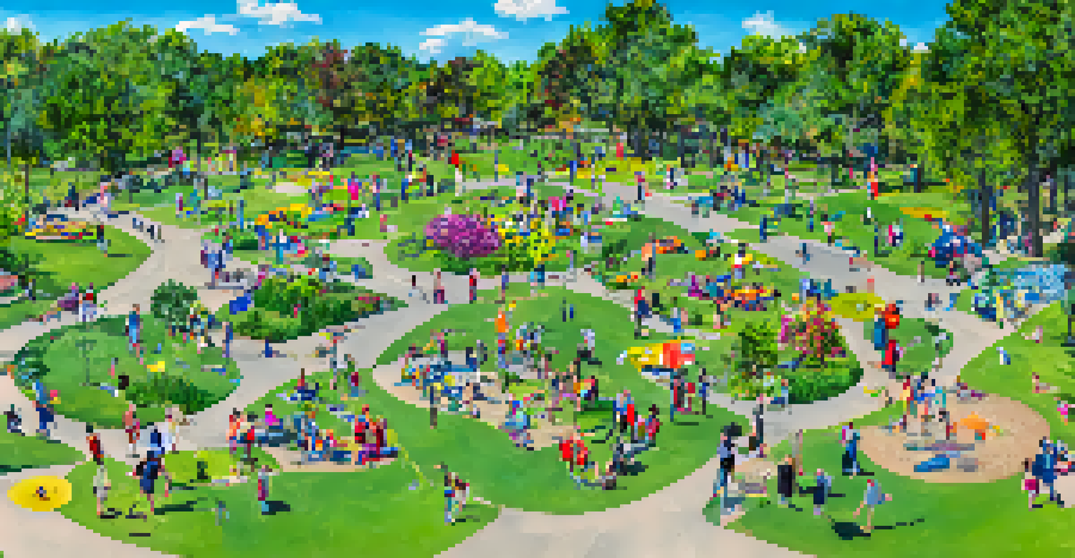 A community park with families gardening, children playing, and native plants, under a sunny blue sky.