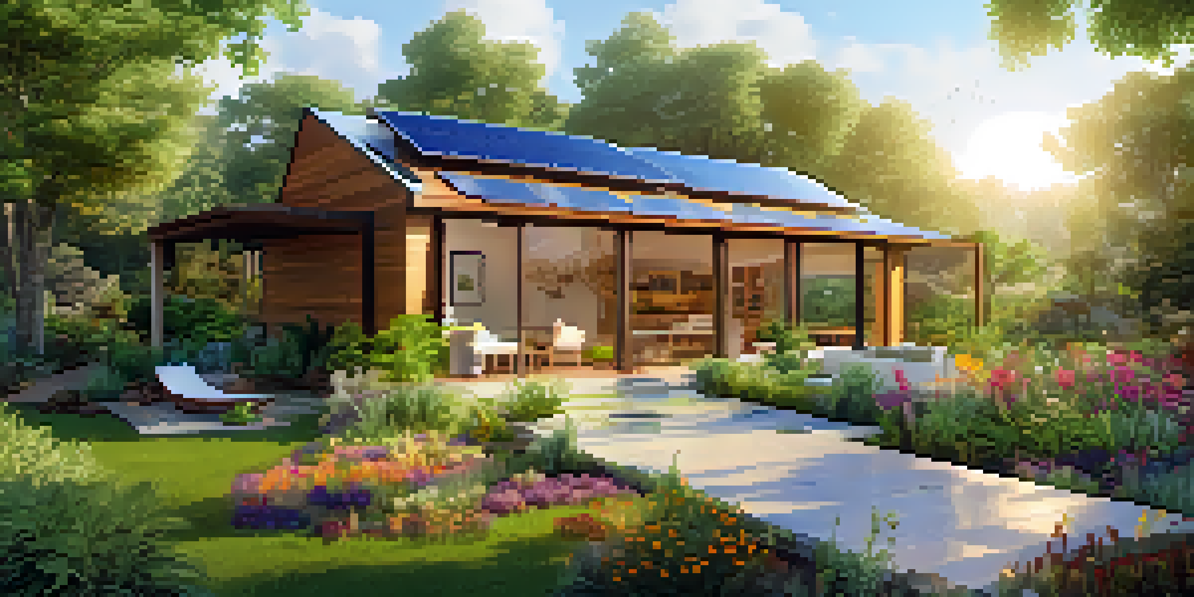 A sustainable home with solar panels and a rainwater system, surrounded by a vibrant garden and trees, under warm sunlight.