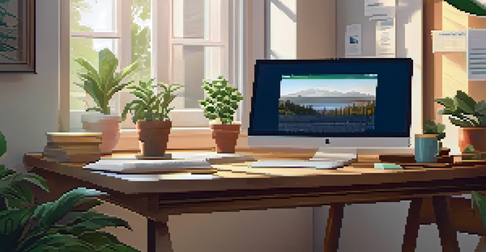 A cozy home office with a wooden desk, laptop, houseplants, and warm sunlight streaming through a window.