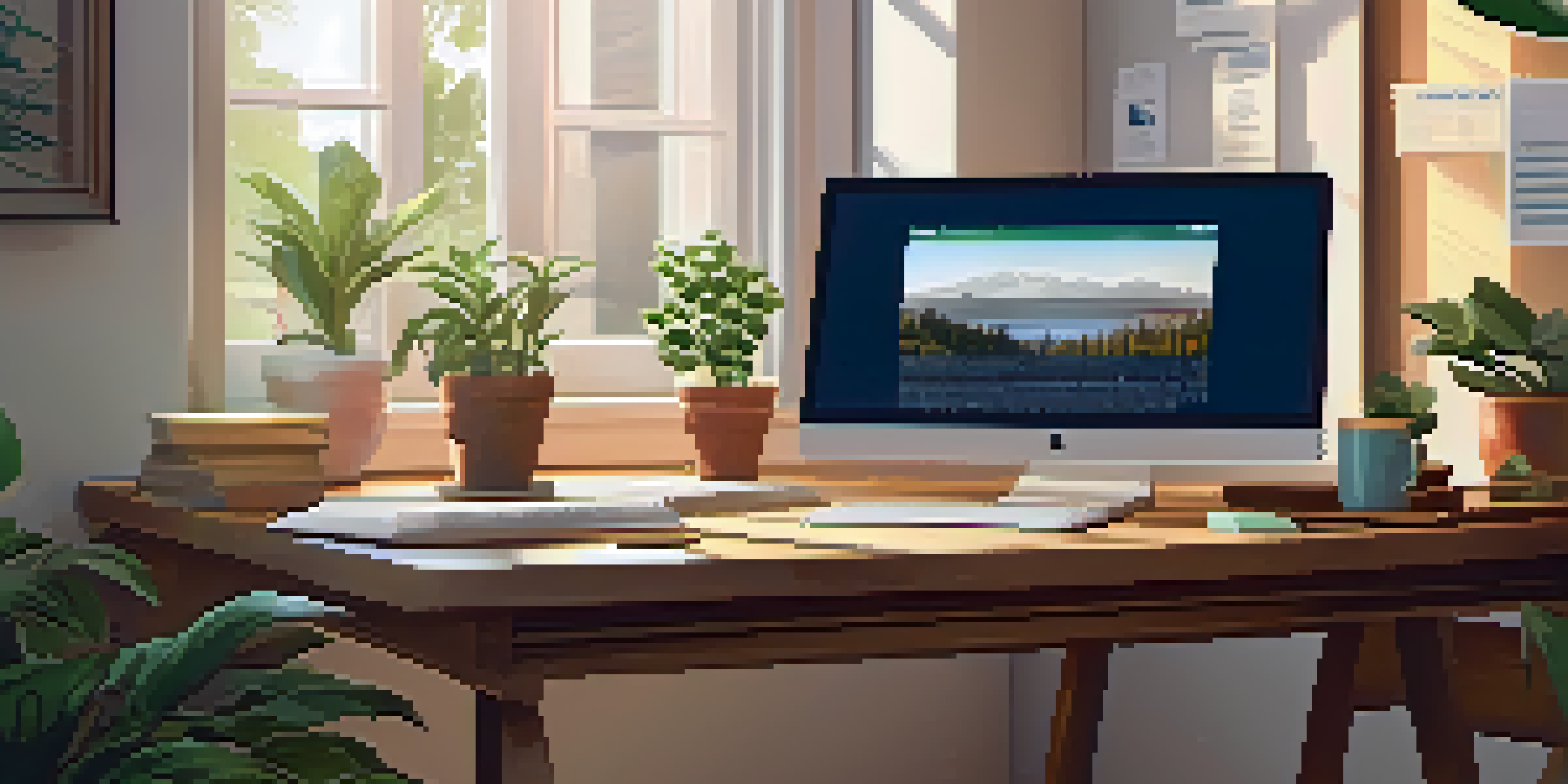 A cozy home office with a wooden desk, laptop, houseplants, and warm sunlight streaming through a window.