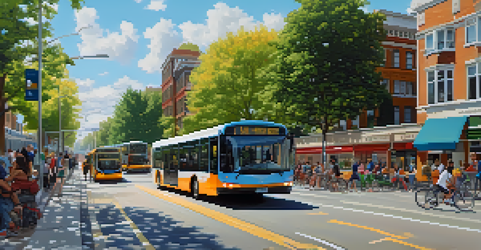 A lively urban scene with cyclists and electric buses, bike lanes, and a backdrop of shops and cafes.