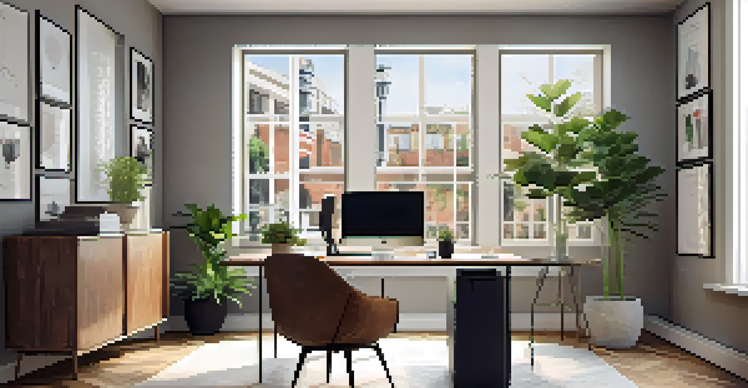 A stylish office with a wooden desk, laptop showing graphs, and a coffee cup, illuminated by natural light.