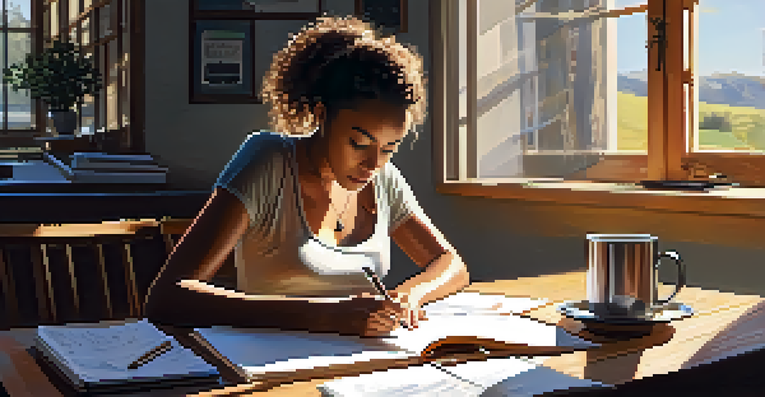 A person journaling their thoughts on home buying at a table, with sunlight illuminating the scene, representing emotional assessment.