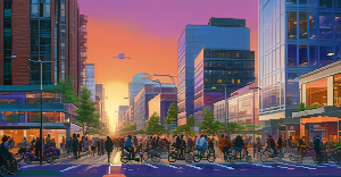 A lively urban street showcasing a smart city with green rooftops, people interacting with mobile technology, and electric scooters under a colorful sunset sky.