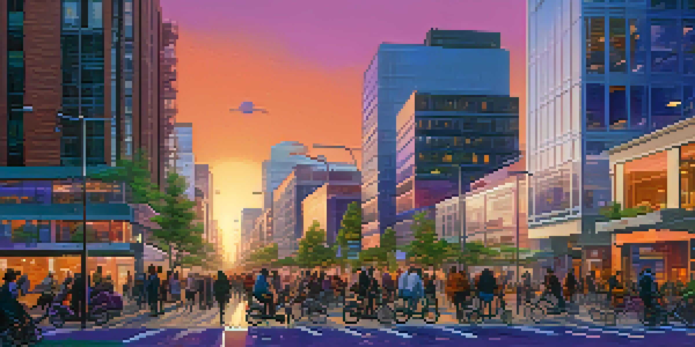 A lively urban street showcasing a smart city with green rooftops, people interacting with mobile technology, and electric scooters under a colorful sunset sky.