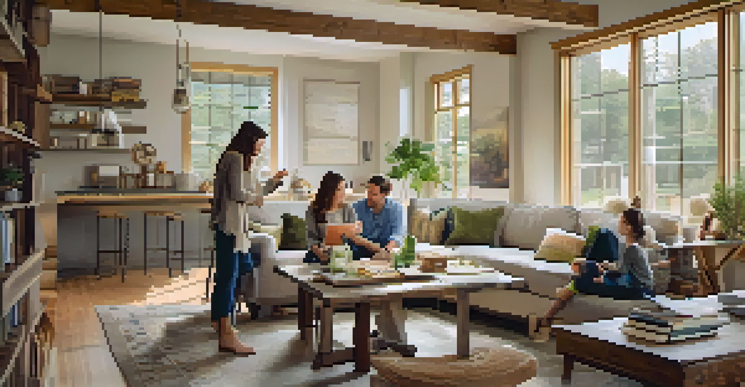 A family discussing renovation plans with eco-friendly materials and blueprints in a bright living room.