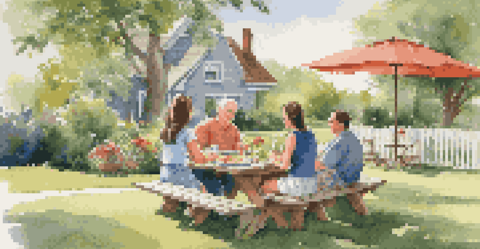 A family enjoying a picnic at a table in their backyard with flowers and a blue sky.