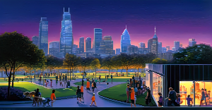 A city skyline at dusk with high-rise buildings, illuminated windows, and a park in the foreground filled with people and children playing.