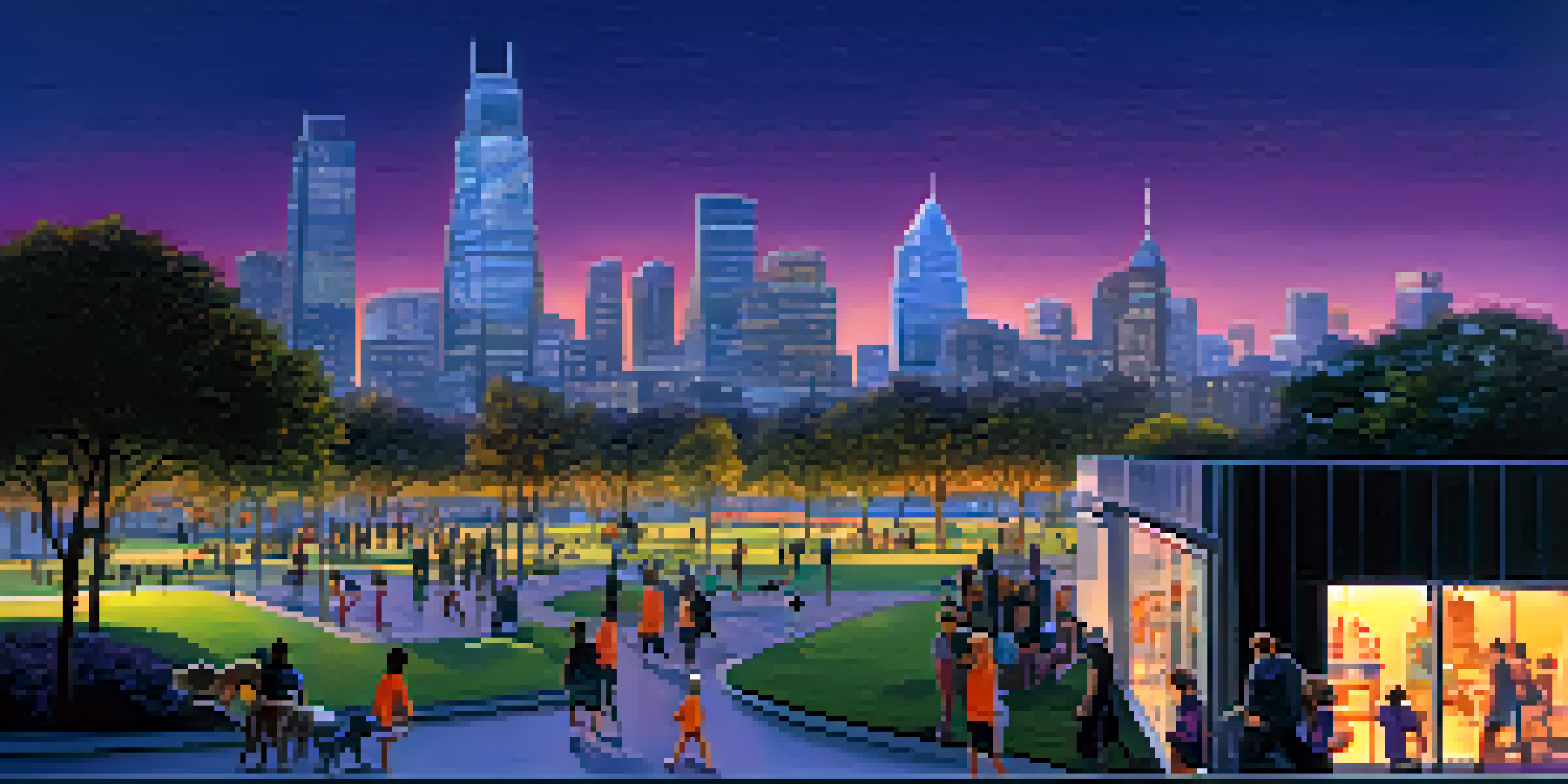 A city skyline at dusk with high-rise buildings, illuminated windows, and a park in the foreground filled with people and children playing.